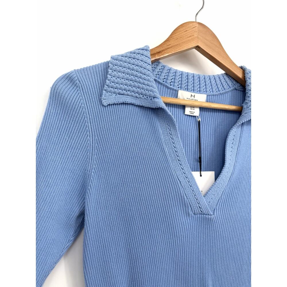 Halston Blue Ribbed Collared Top | Quiet Luxury Capsule Knit NWT French Coastal - Picture 6 of 11